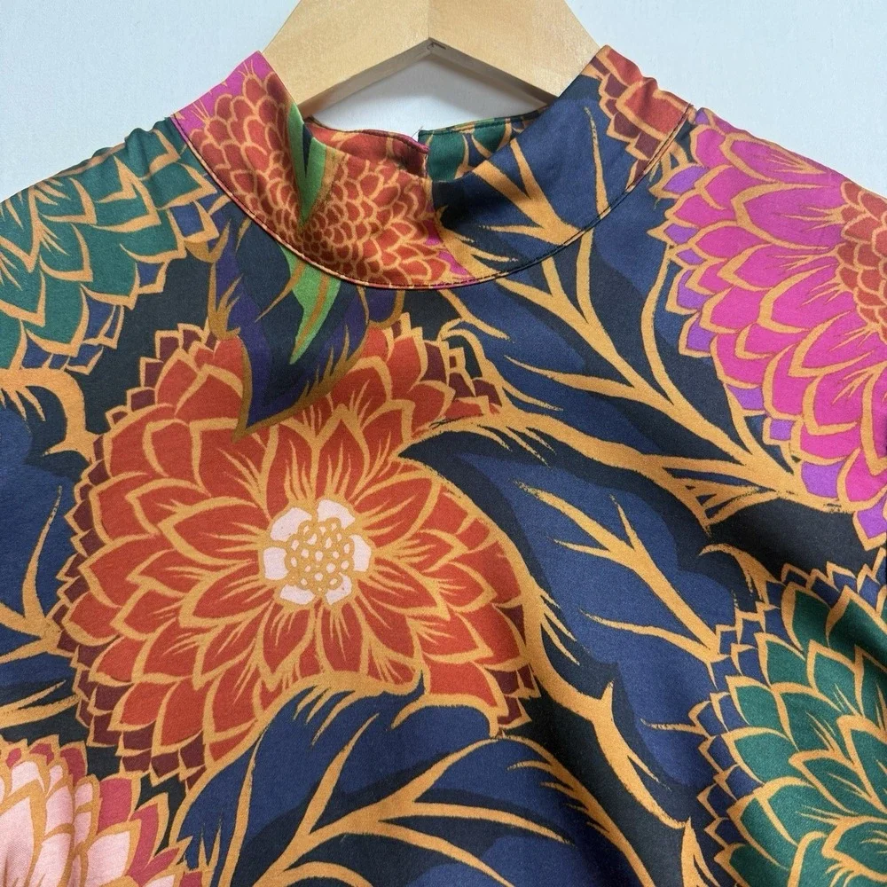 Farm Rio Floral Blouse XS Brazilian Designer Mock Neck Puff Sleeve Boho Statemen